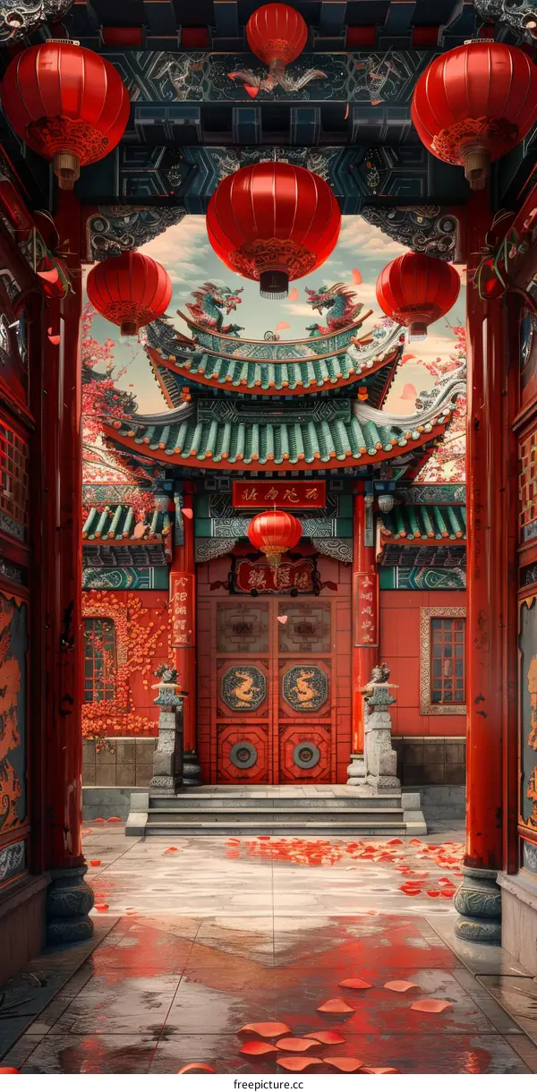 Traditional Chinese Architecture with Red Lanterns