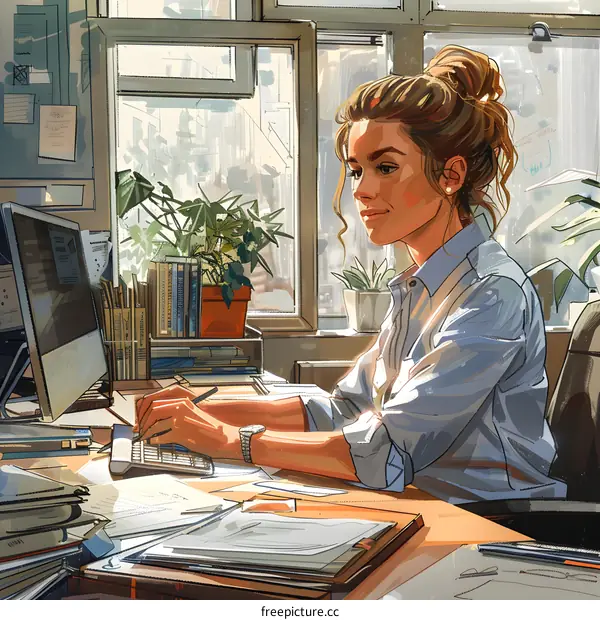 A woman is working at her desk in an office.