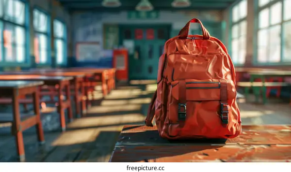 Orange Backpack in Empty Classroom