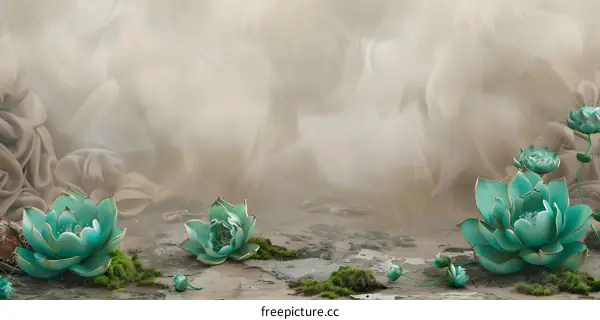 Abstract Green Lotus Flowers in Foggy Background