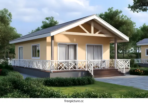 Modern Cottage Design with Wooden Beams and White Railing