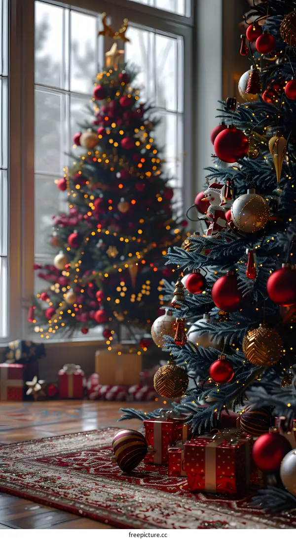 A beautiful Christmas tree decorated with red and gold ornaments and a white star on top stands in a living room.