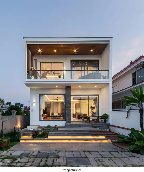 Modern Two Story Home with Large Windows and Wooden Deck