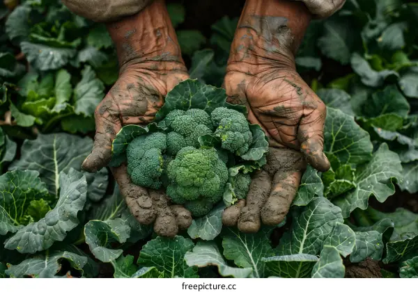 Farmer's hands holding freshly-harvested broccoli