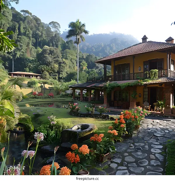 Tropical Villa with Lush Garden and Stone Path