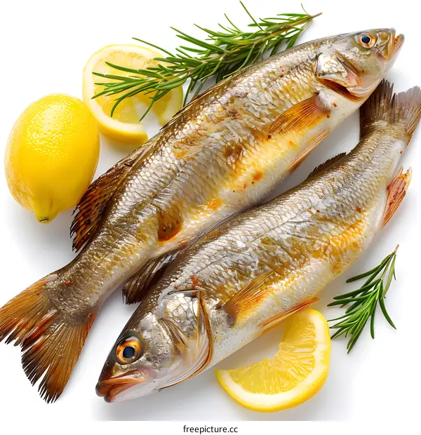 Two grilled fish with lemon and rosemary