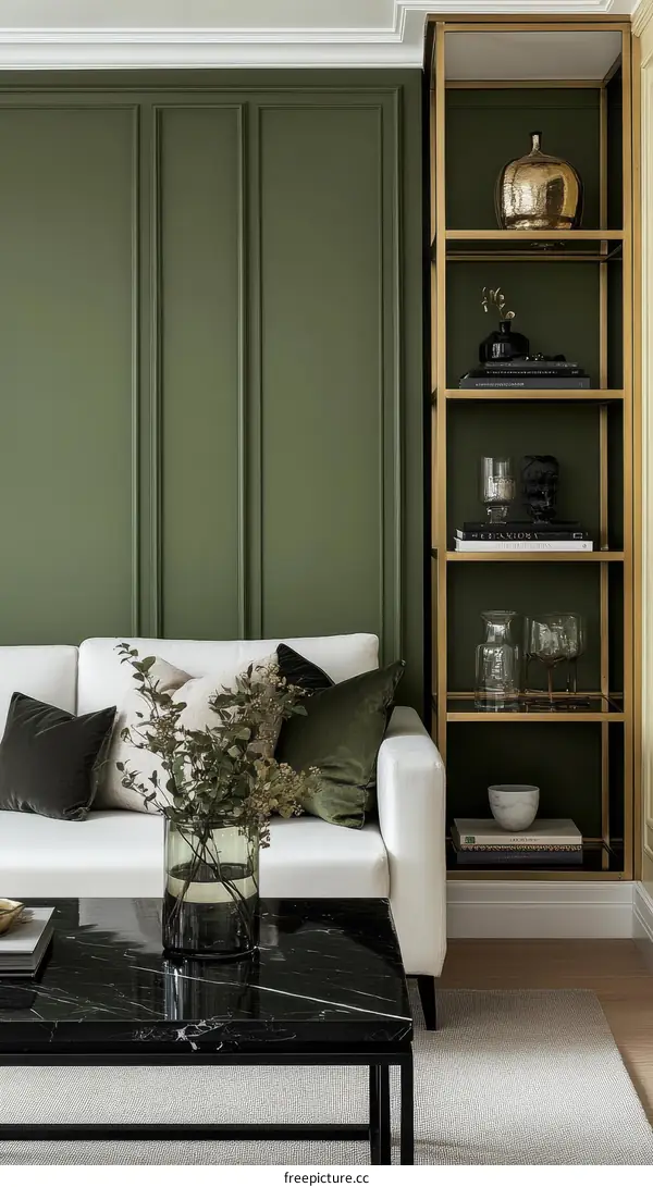Modern Living Room with Green Walls and Gold Accents