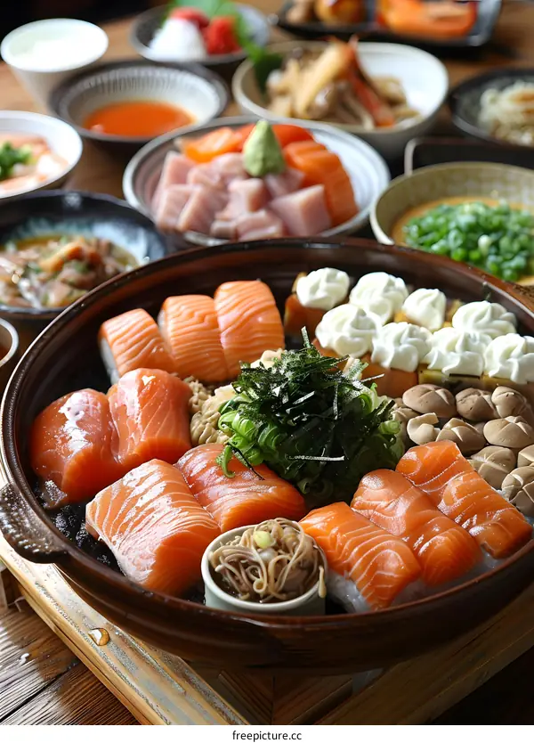 Close Up Of Fresh Salmon Sashimi With Other Japanese Food