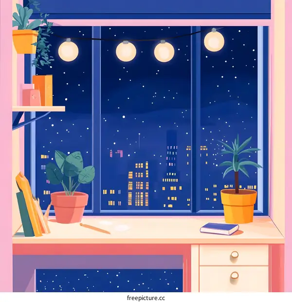 Night View From Window Illustration