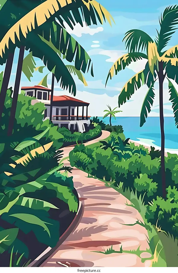 Tropical Beach House Illustration