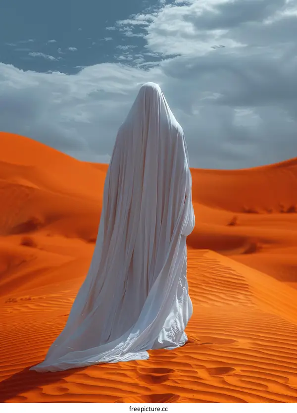 Mysterious Figure in White Sheet in a Desert