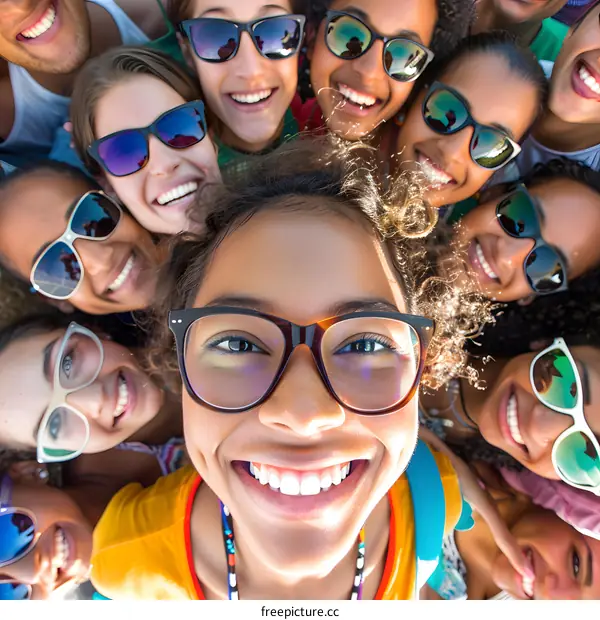 Group of Diverse Friends Taking a Selfie, Smiling and Wearing Sunglasses
