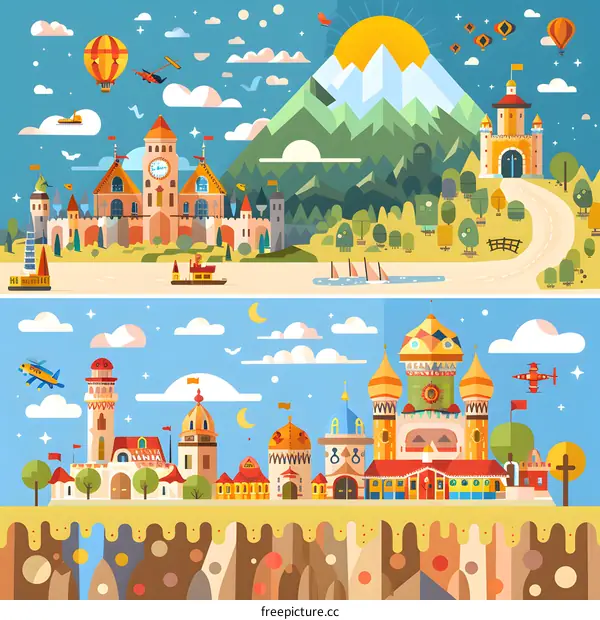 Fantasy Cityscape with Majestic Castles and Flying Machines