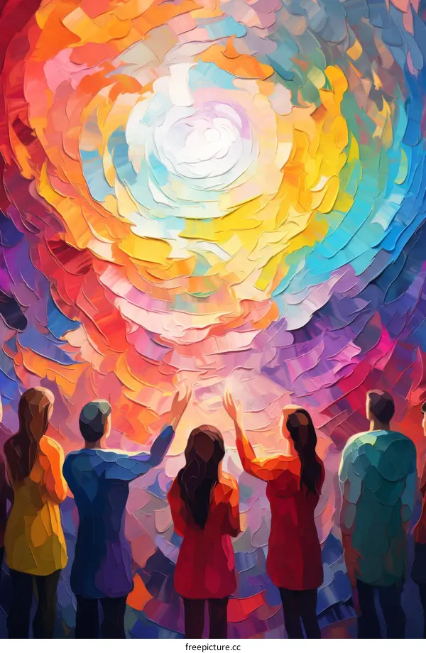 People of different ethnicities reaching for the colorful sky