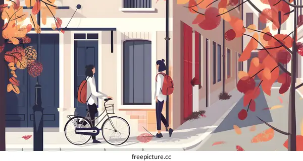Two Female Friends Walking Down a City Street in Autumn