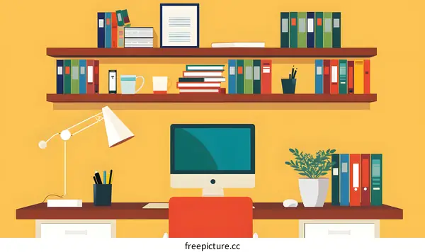 Minimalist Home Office Illustration with Desk, Computer, Shelf and Books