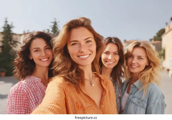 Four Women Taking a Selfie Outdoors