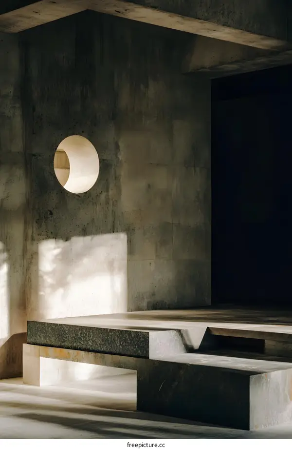 Concrete Architecture with Circular Window and Sunbeams