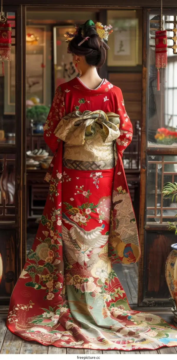 A woman wearing a red kimono with floral patterns and a golden obi