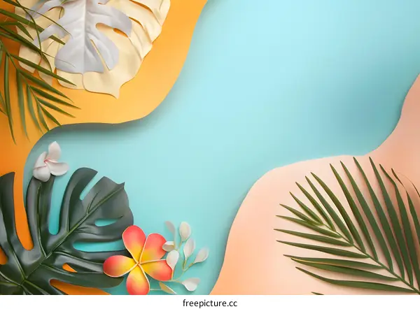 Tropical Summer Background with  Orange and Pink Paper and Green Leaves