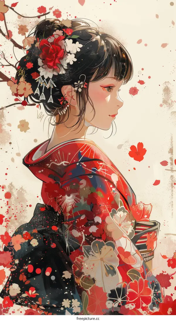 Woman in Red Kimono with Floral Decorations