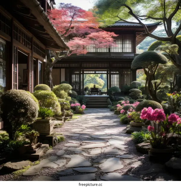 Japanese garden with traditional house and stone path