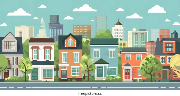 Colorful Suburban Homes in a City Skyline Illustration