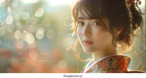 Portrait of a young woman in a kimono