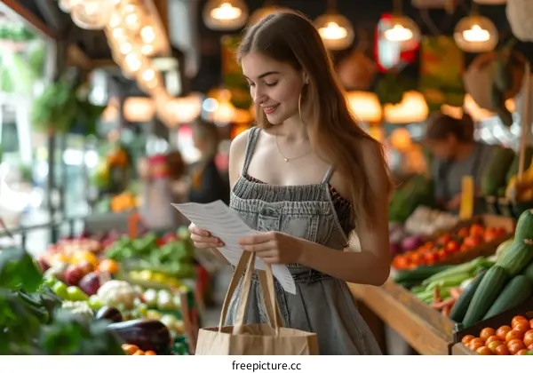 Young woman reading a shopping list in a grocery store