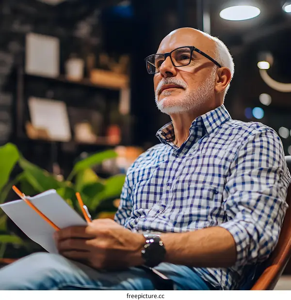 Senior Man Sitting in Chair Holding Notebook Looking Up