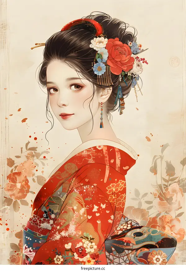 A beautiful Japanese woman in a red kimono with a red rose in her hair.