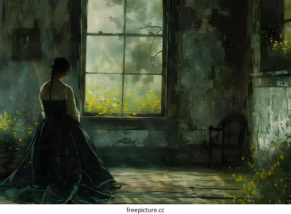 Woman in a Dress Looking Through a Window