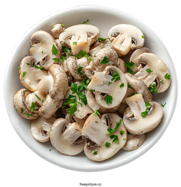 [Transparent Background PNG]Bowl of Sliced Mushrooms with Parsley