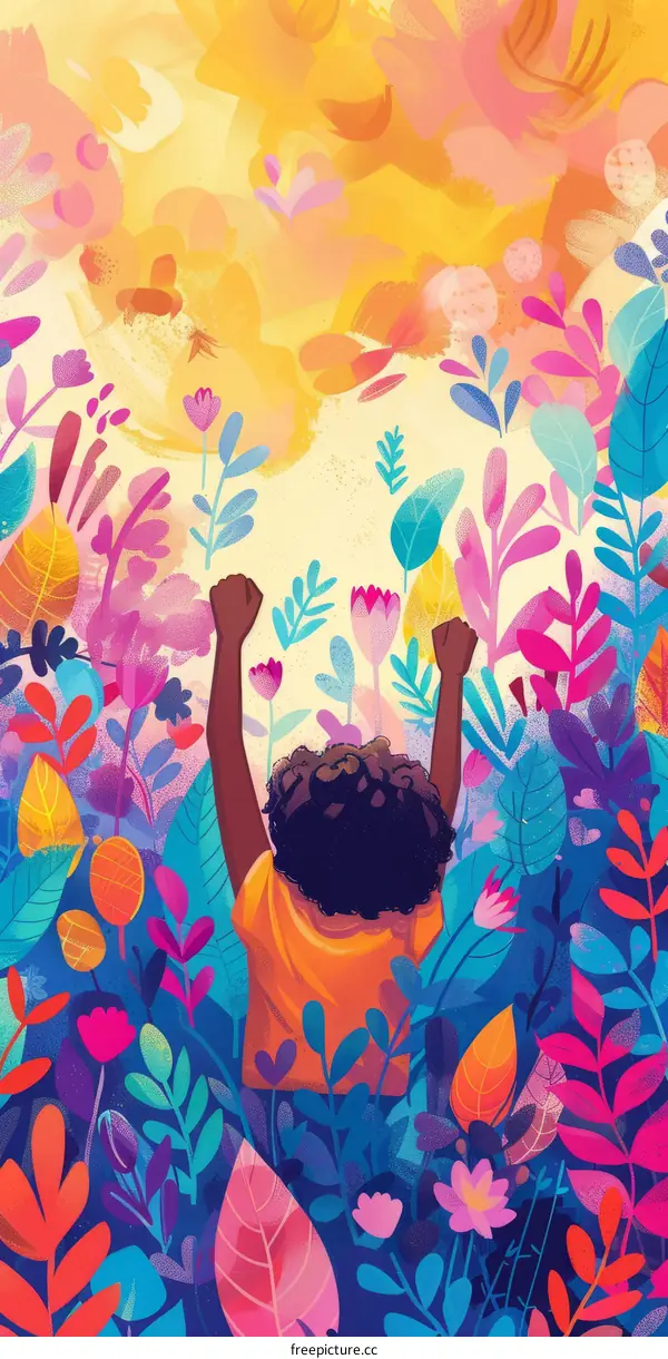 Young Boy Stands in Field with Sunflowers, Arms Raised in Joy