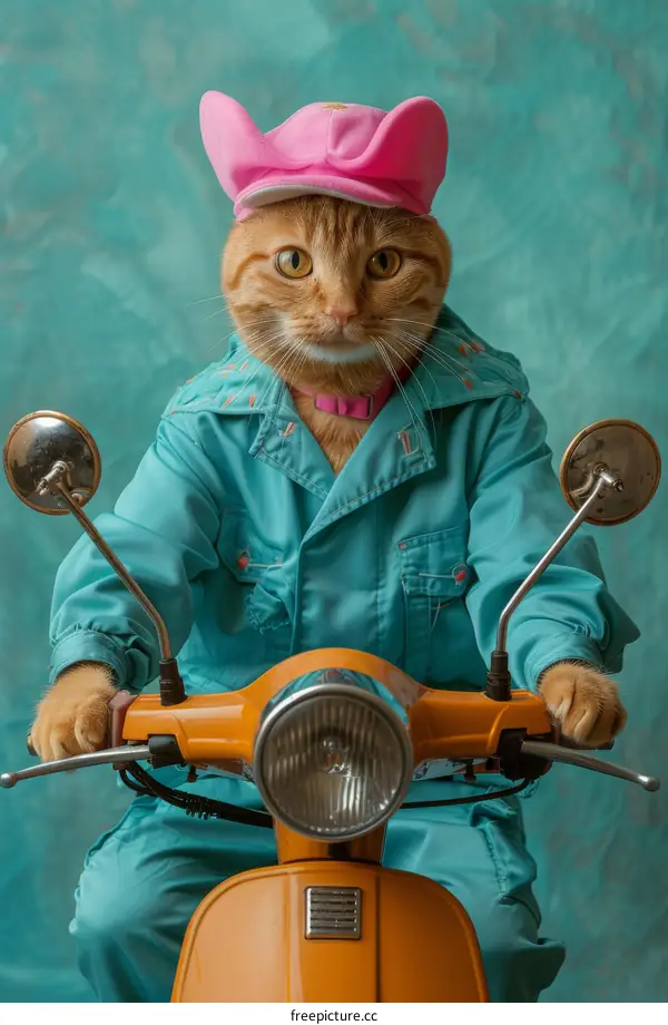 A Cat in a Uniform Riding a Scooter