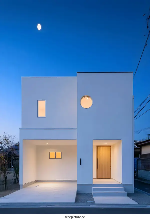 Modern White House with Round Window and Wooden Door