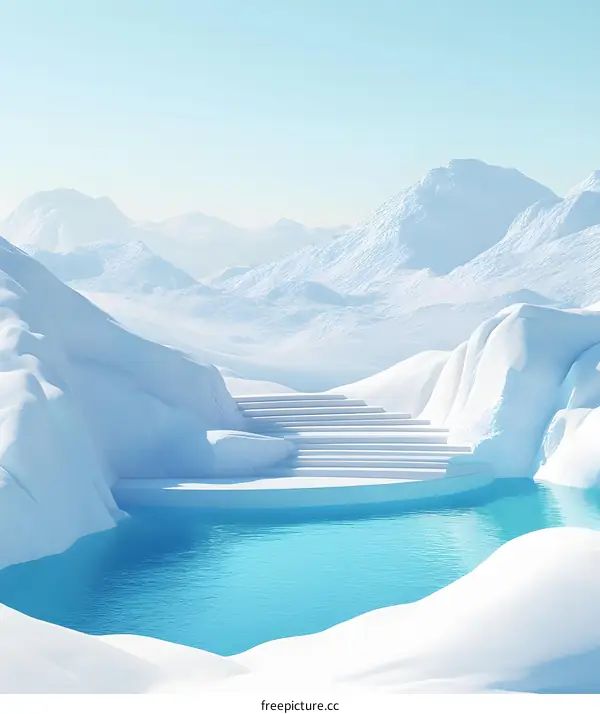 White Steps Leading to a Blue Lagoon in a Snowy Mountain Landscape