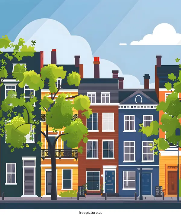 Colorful Row Houses with Trees and Blue Sky