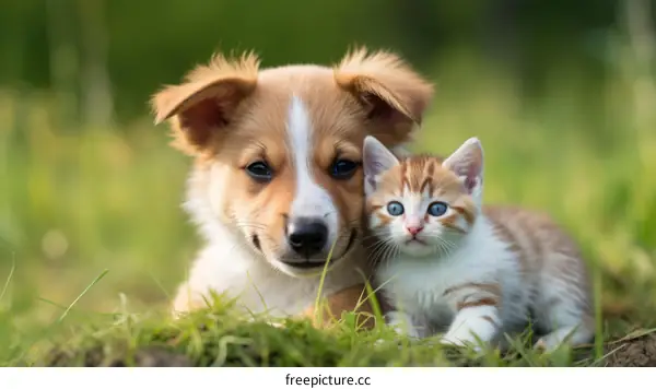 A cute puppy and a kitten are lying in the grass