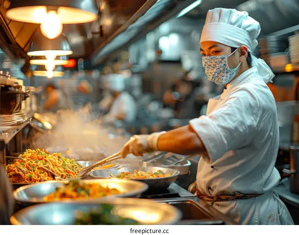 Asian chef wearing a mask cooking in a restaurant kitchen