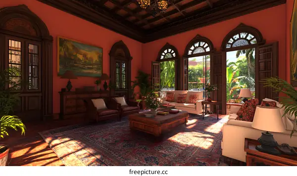 Luxury Living Room Interior Design with Arched Windows and Red Walls