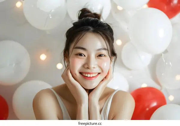 Happy Asian Woman With Balloons