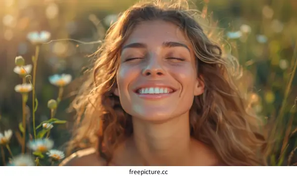 Beautiful Woman Smiling in a Field of Flowers