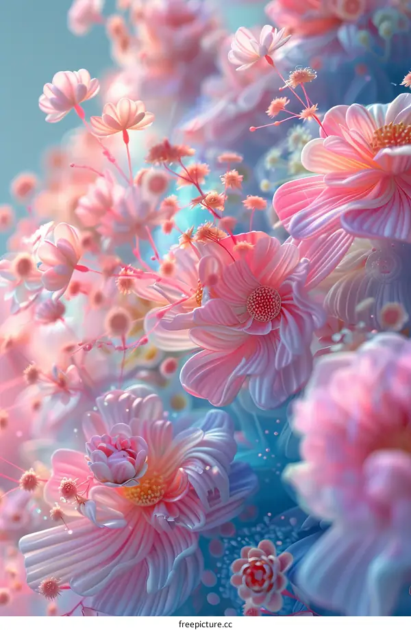 Pink flowers of various sizes and shapes are in full bloom