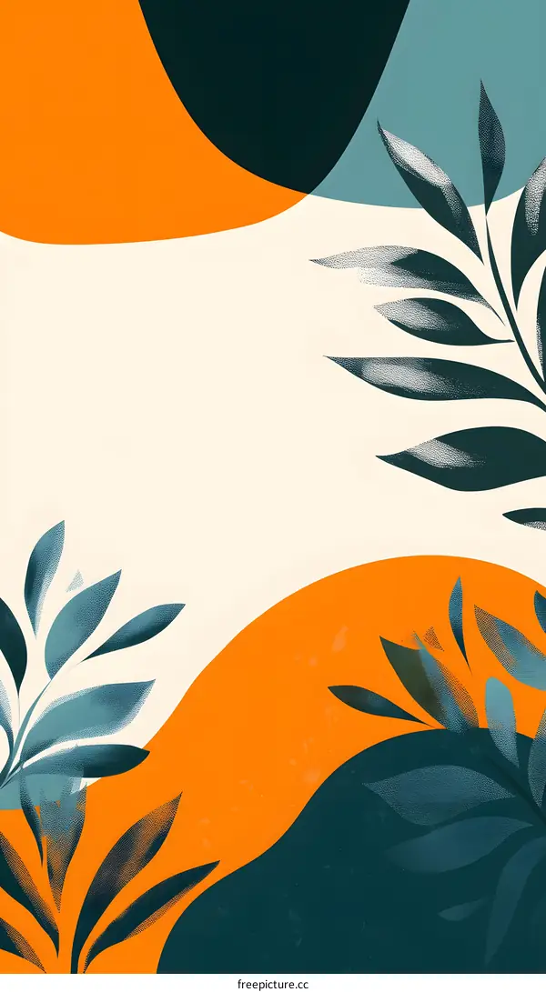 Abstract Minimalist Green Leaves and Orange Shapes Illustration