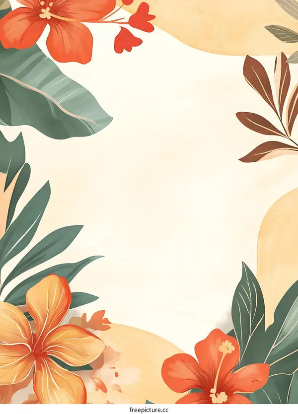 Tropical Floral Frame with Orange and Red Flowers