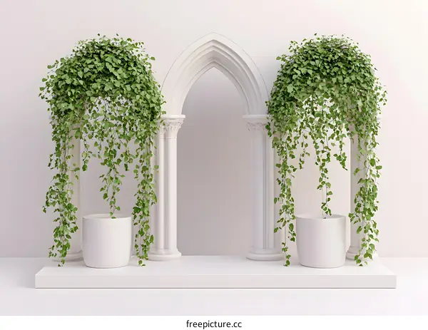 White Columns with Hanging Plants and an Archway