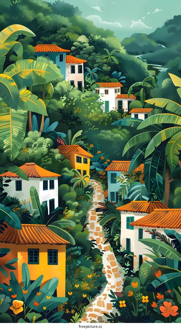 Tropical Village Illustration With Lush Greenery And Houses