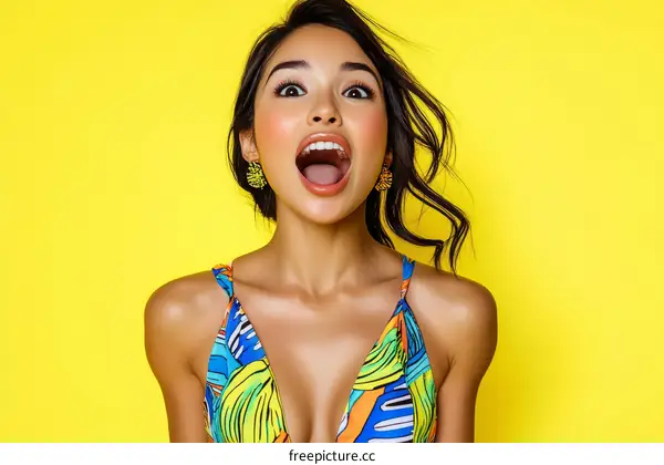 Excited Asian Woman in Colorful Swimsuit against Yellow Background