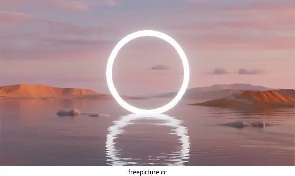 A glowing circular portal over a serene body of water at sunset